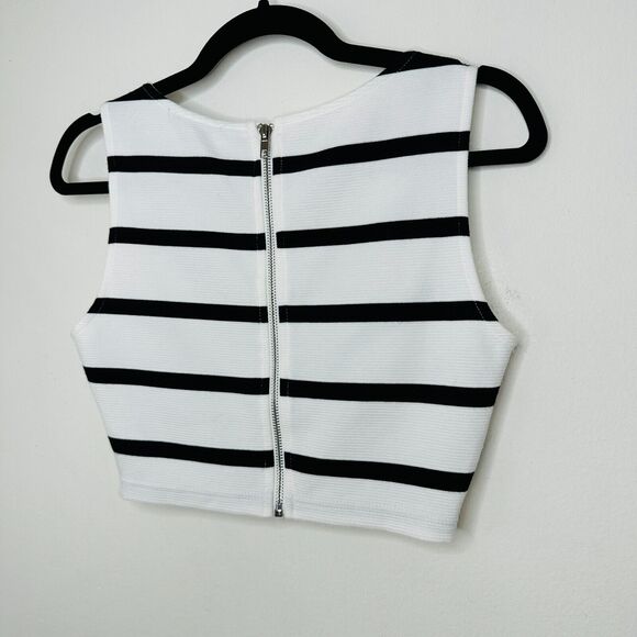 Ezra Black & White Striped Sleeveless V-Neck Crop Gathered Front Knot Back Zip S - Picture 7 of 13